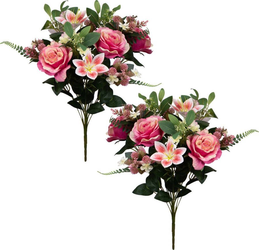 Louis Maes Kunstbloemen boeket rozen lelie met bladgroen 2x roze H50 cm Bloemstuk