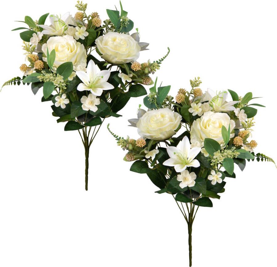 Louis Maes Kunstbloemen boeket rozen lelie met bladgroen 2x wit H50 cm Bloemstuk