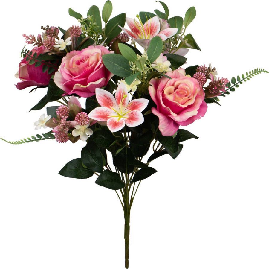 Louis Maes Kunstbloemen boeket rozen lelie met bladgroen roze H50 cm Bloemstuk Kunstbloemen
