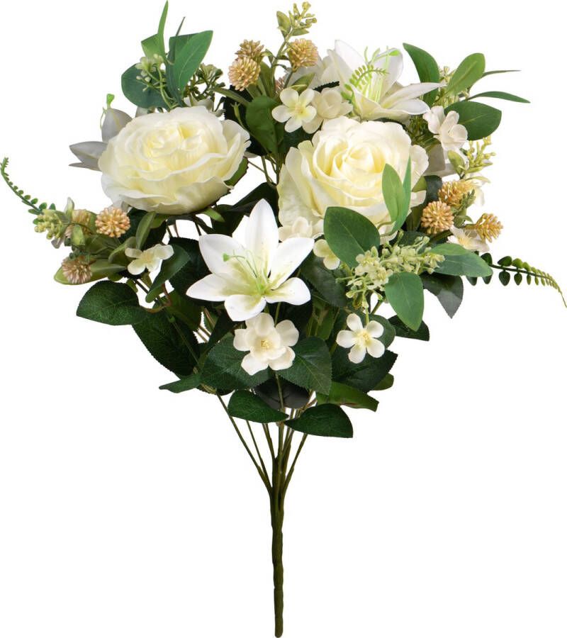 Louis Maes Kunstbloemen boeket rozen lelie met bladgroen wit H50 cm Bloemstuk