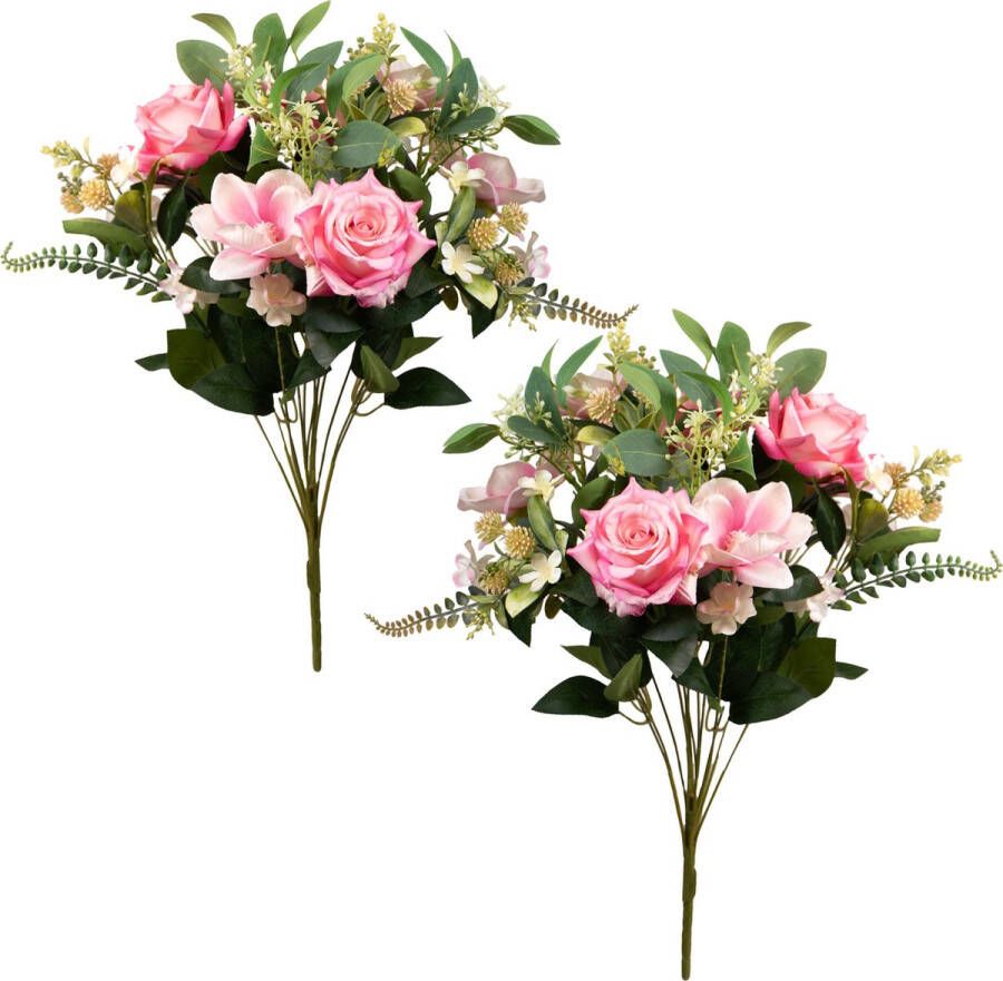 Louis Maes Kunstbloemen boeket rozen magnolia met bladgroen 2x roze H50 cm Bloemstuk