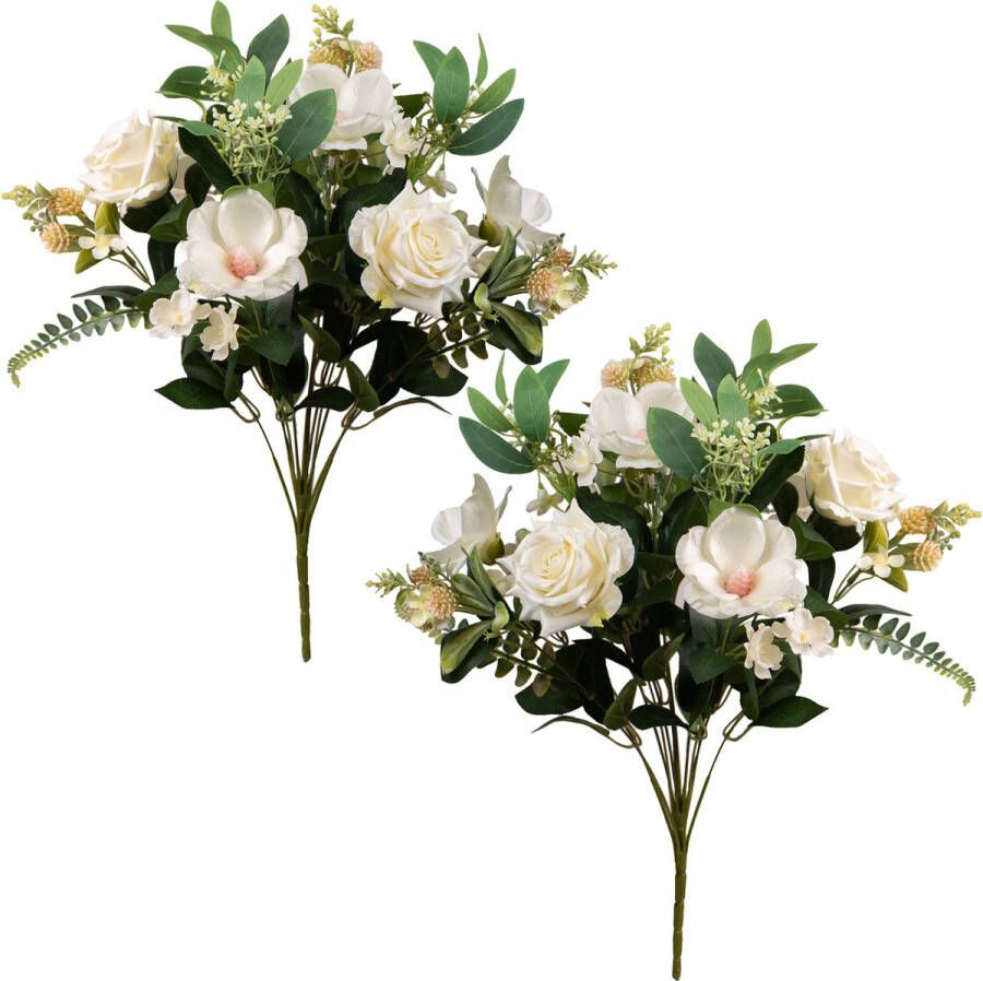 Louis Maes Kunstbloemen boeket rozen magnolia met bladgroen 2x wit H50 cm Bloemstuk