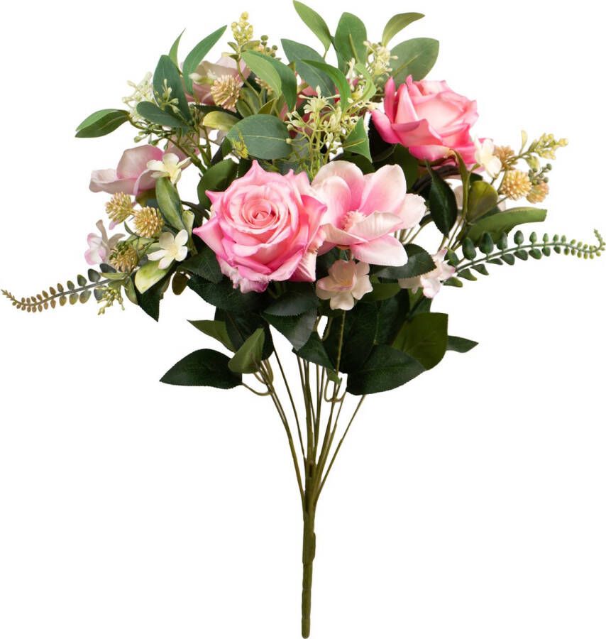 Louis Maes Kunstbloemen boeket rozen magnolia met bladgroen roze H50 cm Bloemstuk Kunstbloemen