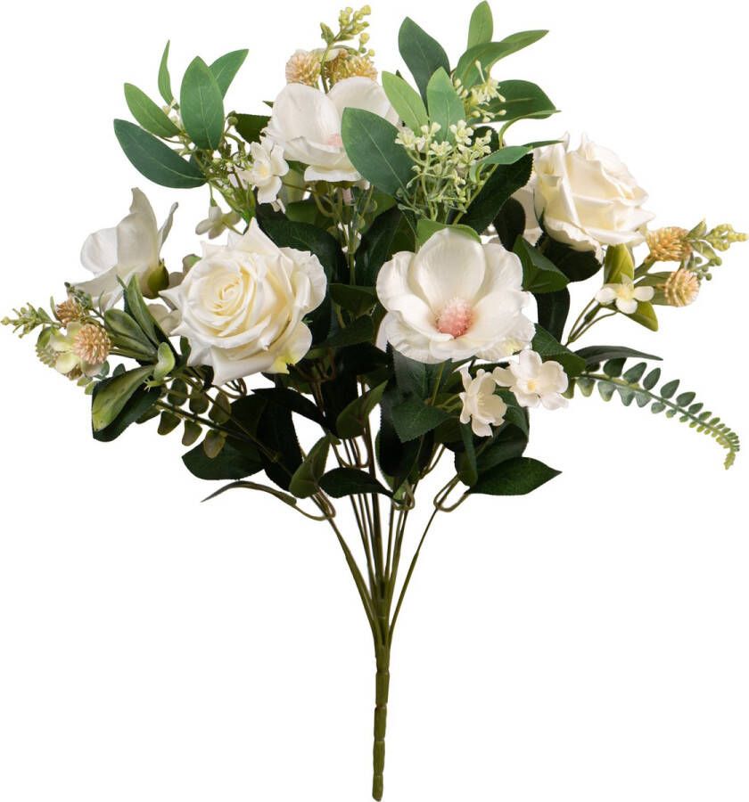 Louis Maes Kunstbloemen boeket rozen magnolia met bladgroen wit H50 cm Bloemstuk