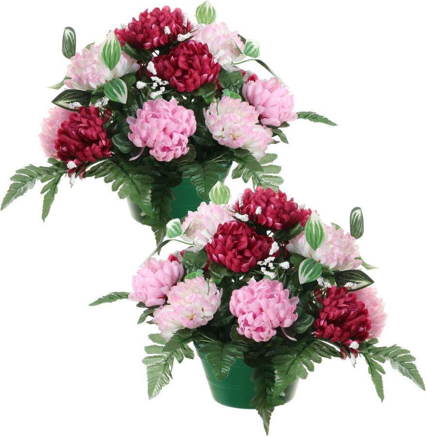 Louis Maes Kunstbloemen in pot 2x cerise roze D30 x H24 cm Bloemstuk ornament crysanten met bladgroen