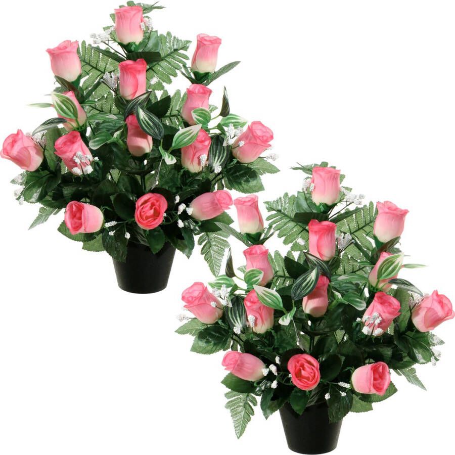 Louis Maes Kunstbloemen in pot 2x lichtroze H35 cm Bloemstuk ornament rozen gipskruid met bladgroen