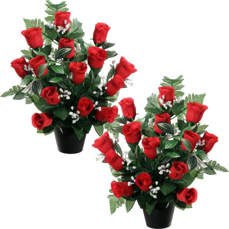 Louis Maes Kunstbloemen in pot 2x rood H35 cm Bloemstuk ornament rozen gipskruid met bladgroen