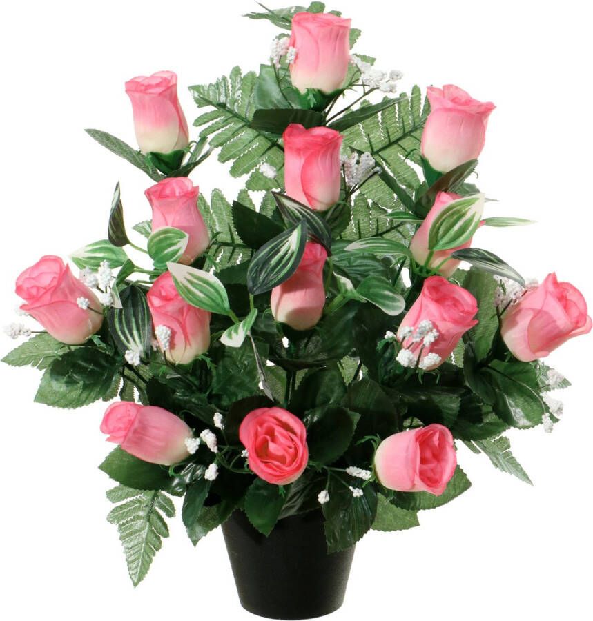 Louis Maes Kunstbloemen in pot lichtroze H35 cm Bloemstuk ornament rozen gipskruid met bladgroen