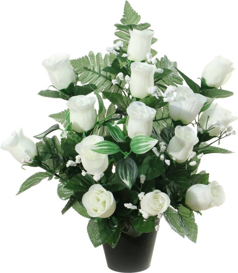 Louis Maes Kunstbloemen in pot wit H35 cm Bloemstuk ornament rozen gipskruid met bladgroen