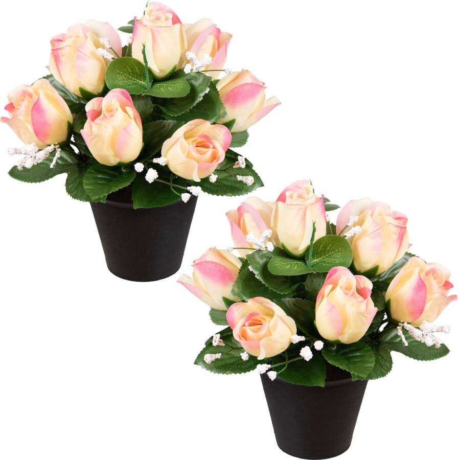 Louis Maes Kunstbloemen klein boeketje rozen in pot 2x creme lichtroze H25 cm Bloemstuk Bladgroen