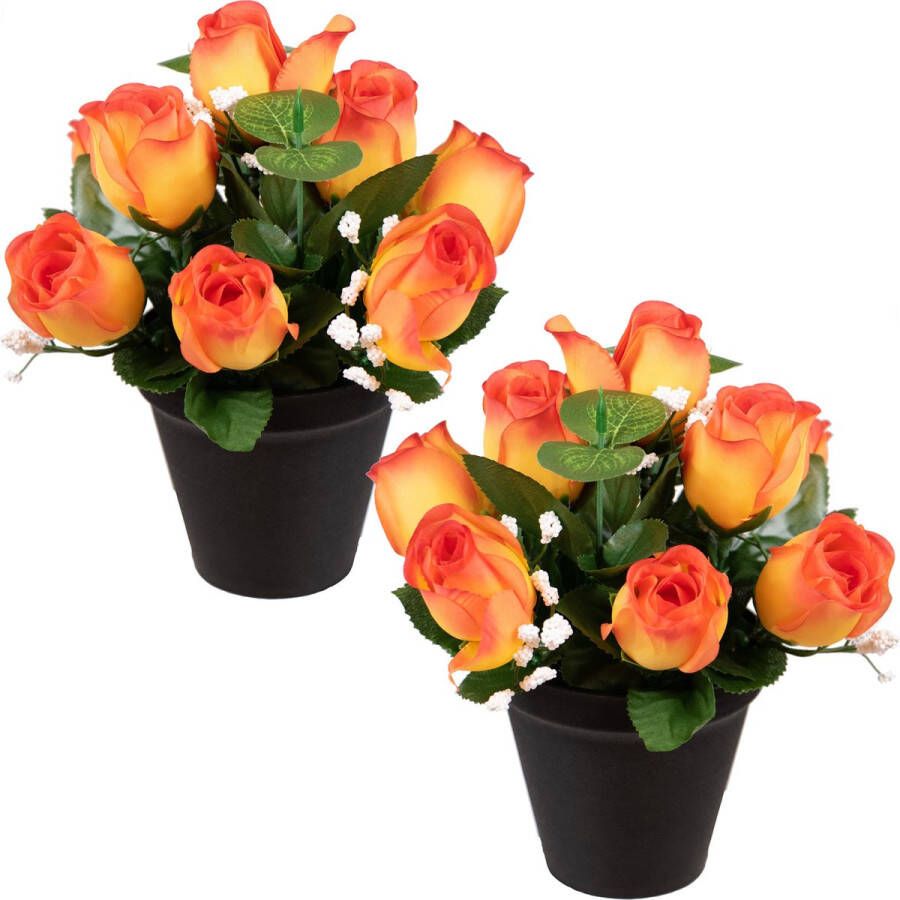 Louis Maes Kunstbloemen klein boeketje rozen in pot 2x oranje H25 cm Bloemstuk Bladgroen