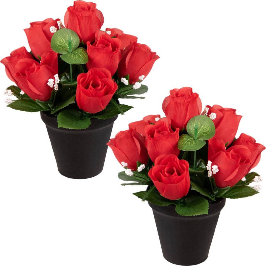 Louis Maes Kunstbloemen klein boeketje rozen in pot 2x rood H25 cm Bloemstuk Bladgroen