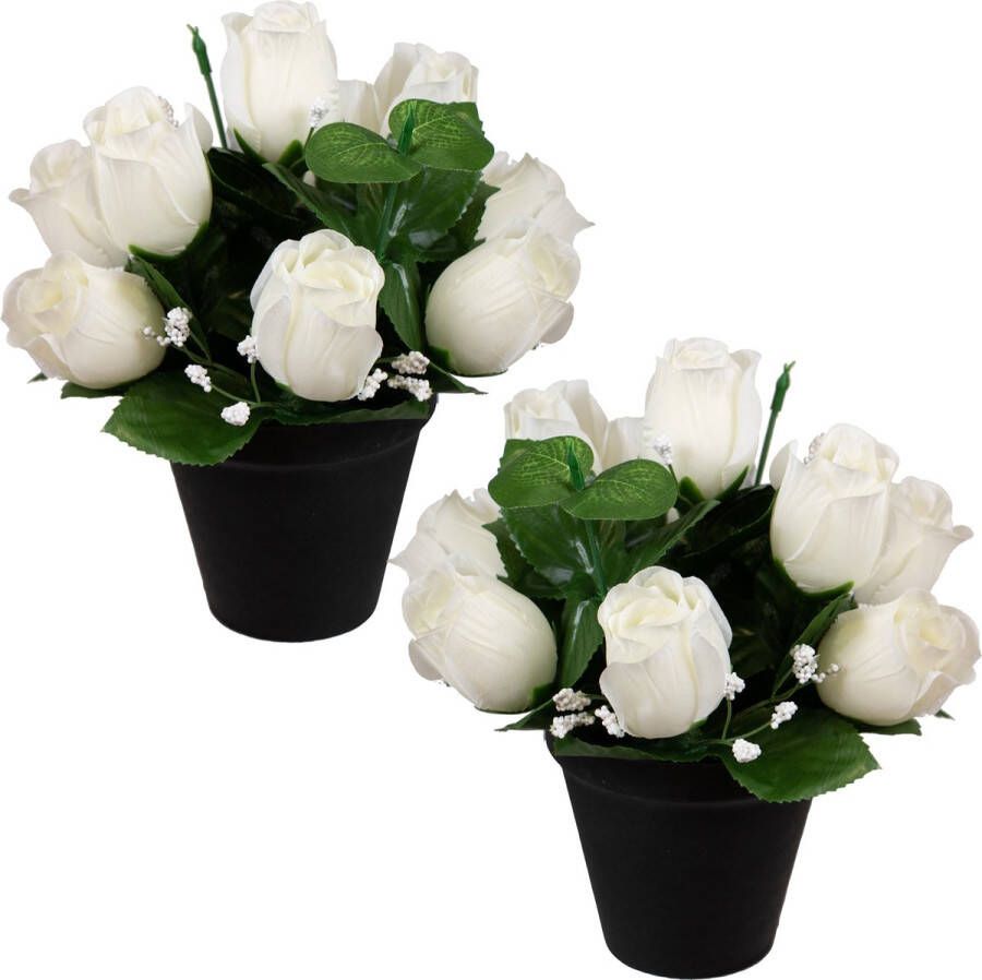 Louis Maes Kunstbloemen klein boeketje rozen in pot 2x wit H25 cm Bloemstuk Bladgroen