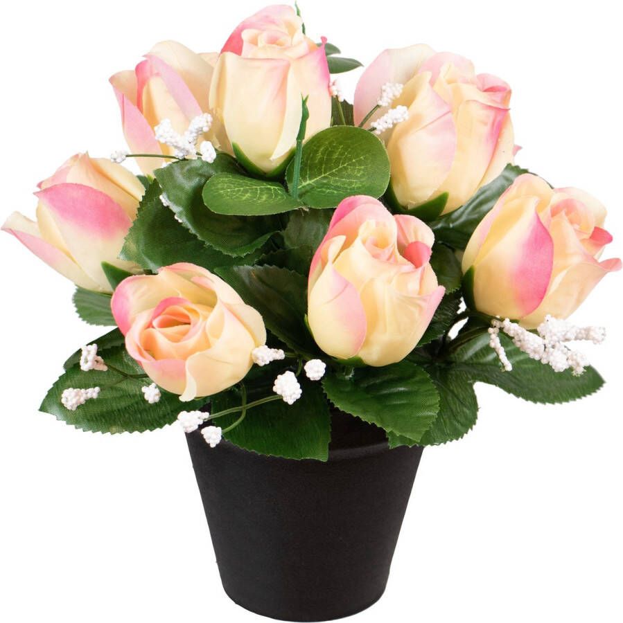Louis Maes Kunstbloemen klein boeketje rozen in pot creme lichtroze H25 cm Bloemstuk Bladgroen Kunstbloemen