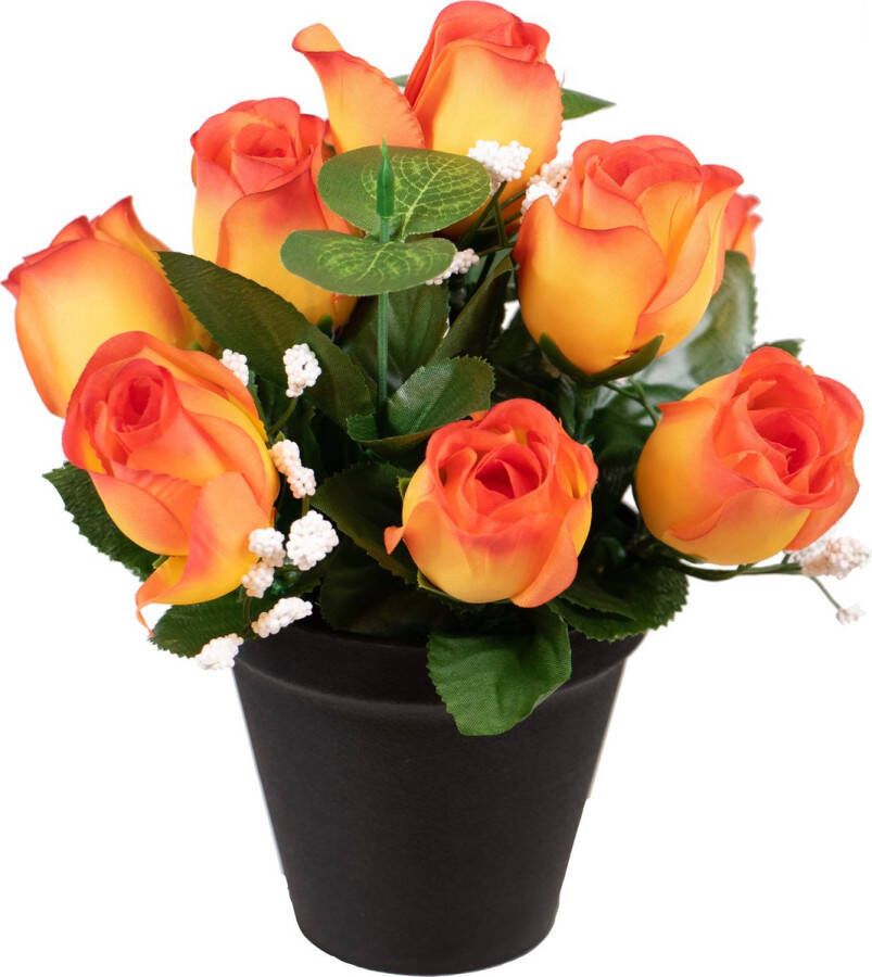 Louis Maes Kunstbloemen klein boeketje rozen in pot oranje H25 cm Bloemstuk Bladgroen Kunstbloemen
