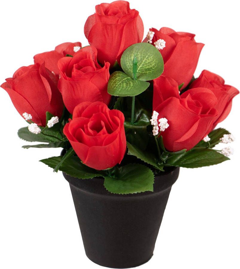 Louis Maes Kunstbloemen klein boeketje rozen in pot rood H25 cm Bloemstuk Bladgroen