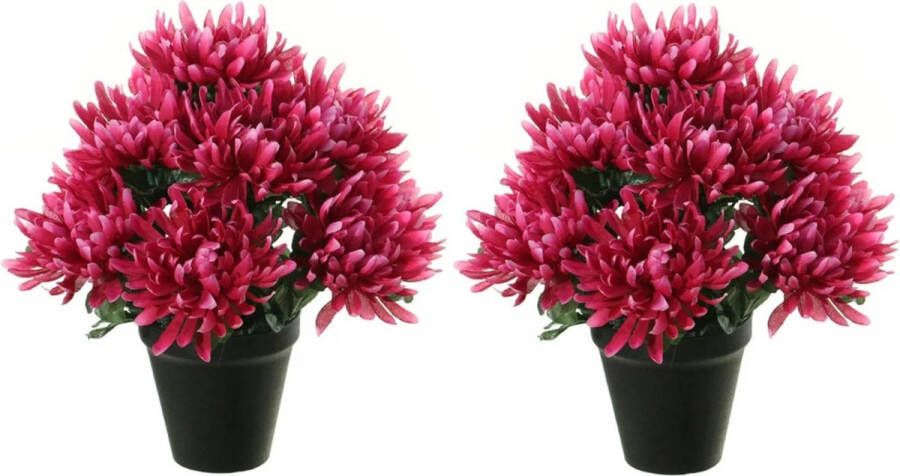 Louis Maes Kunstbloemen plant in pot 2x cerise roze tinten 28 cm Bloemenstuk ornament Chrysanten Kunstbloeme