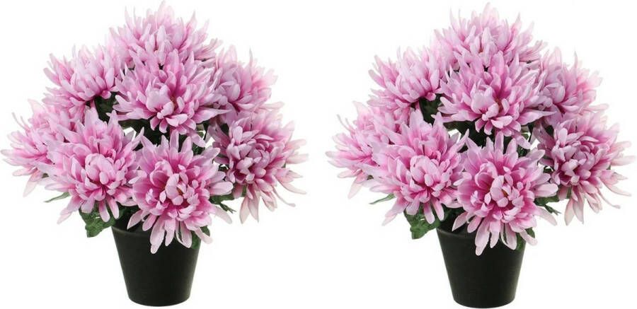 Louis Maes Kunstbloemen plant in pot 2x lila paars tinten 28 cm Bloemenstuk ornament Chrysanten Kunstbloemen