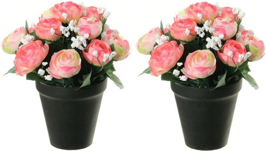 Louis Maes Kunstbloemen plant in pot 2x roze wit tinten 20 cm Bloemenstuk ornament Kunstbloemen