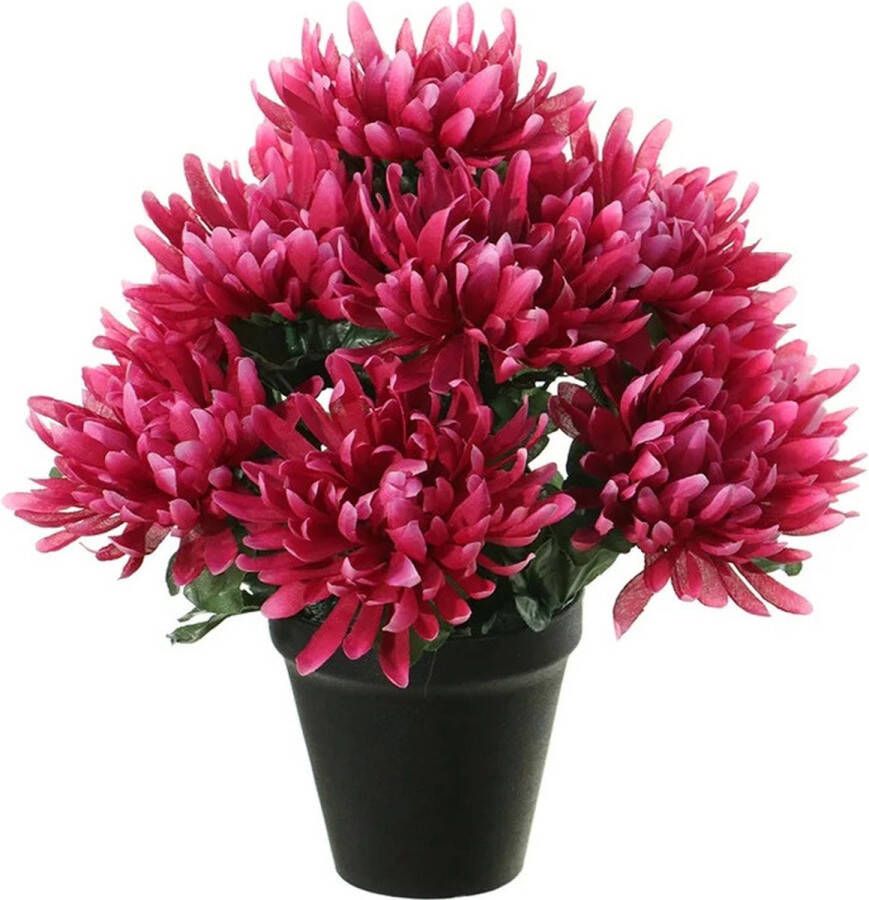 Louis Maes Kunstbloemen plant in pot cerise roze tinten 28 cm Bloemenstuk ornament Chrysanten