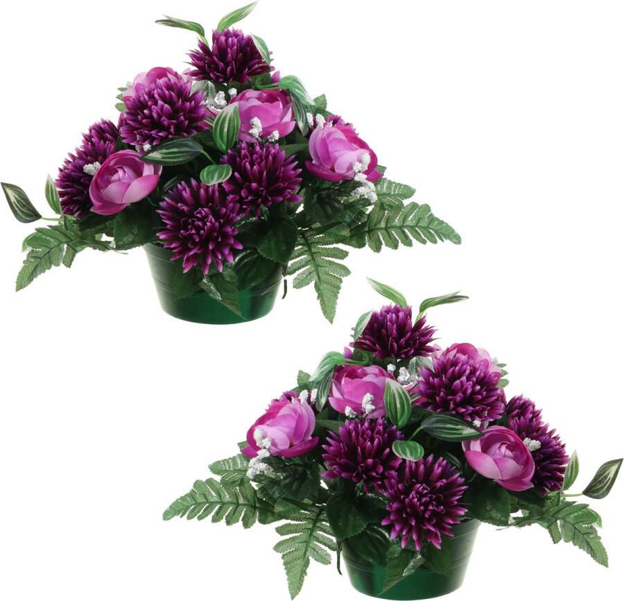 Louis Maes Kunstbloemen plantje in pot 2x kleuren paars 25 cm Bloemstuk ornament ranonkels asters met bladgroen