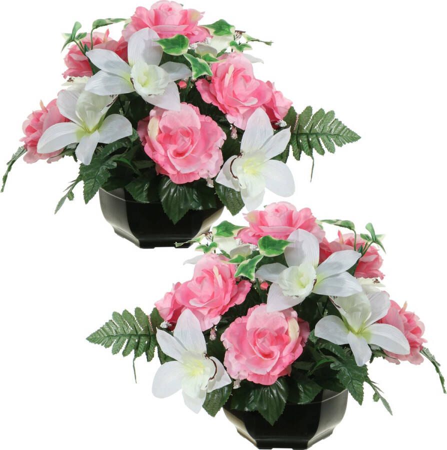 Louis Maes Kunstbloemen plantje in pot 2x kleuren roze wit 25 cm Bloemstuk ornament orchidee rozen met bladgroen