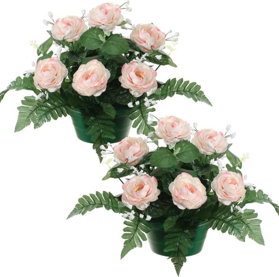 Louis Maes Kunstbloemen plantje in pot 2x lichtroze 25 cm Bloemstuk ornament rozen met bladgroen