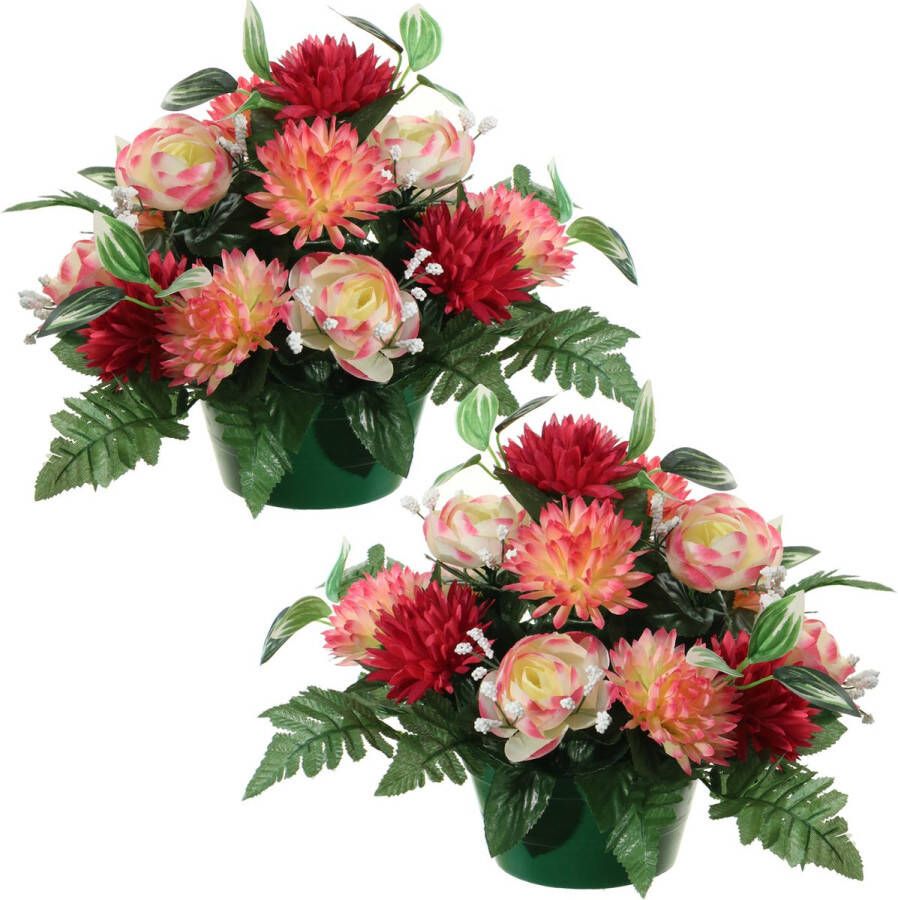 Louis Maes Kunstbloemen plantje in pot 2x multi kleuren 25 cm Bloemstuk ornament ranonkels asters met bladgroen