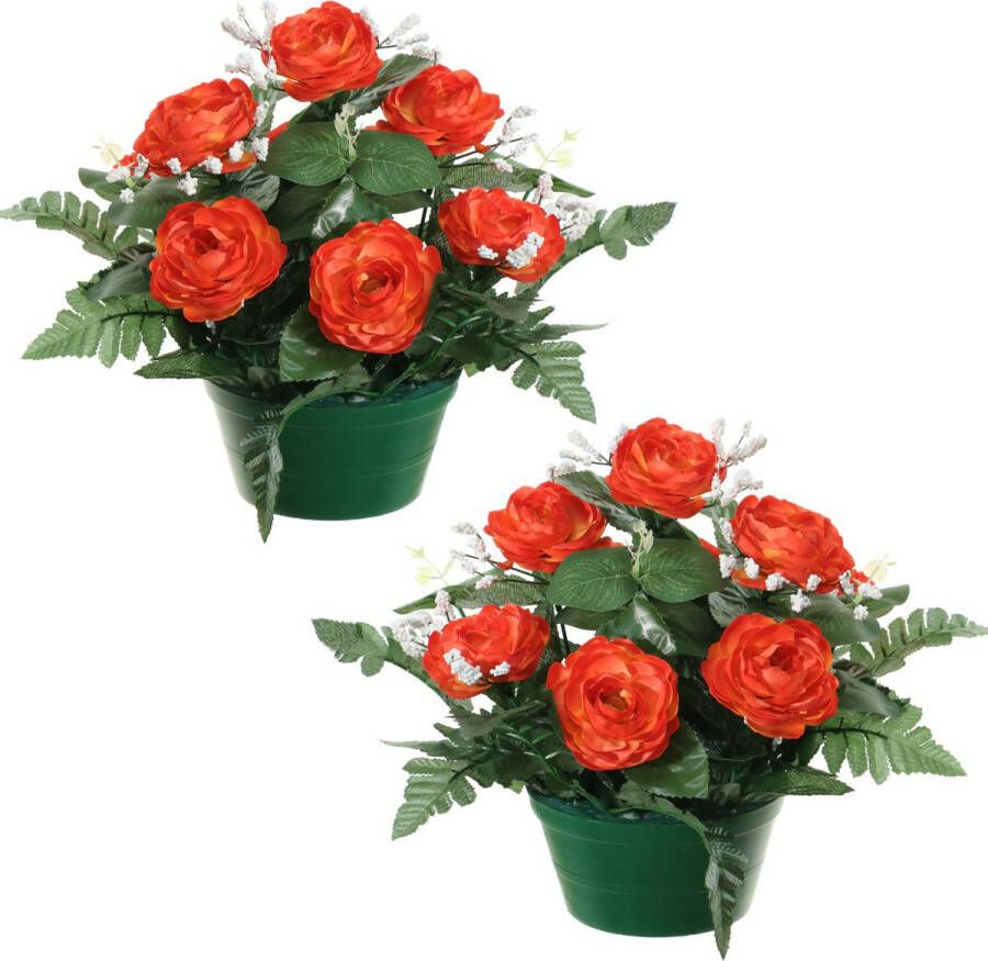 Louis Maes Kunstbloemen plantje in pot 2x rood 25 cm Bloemstuk ornament rozen met bladgroen