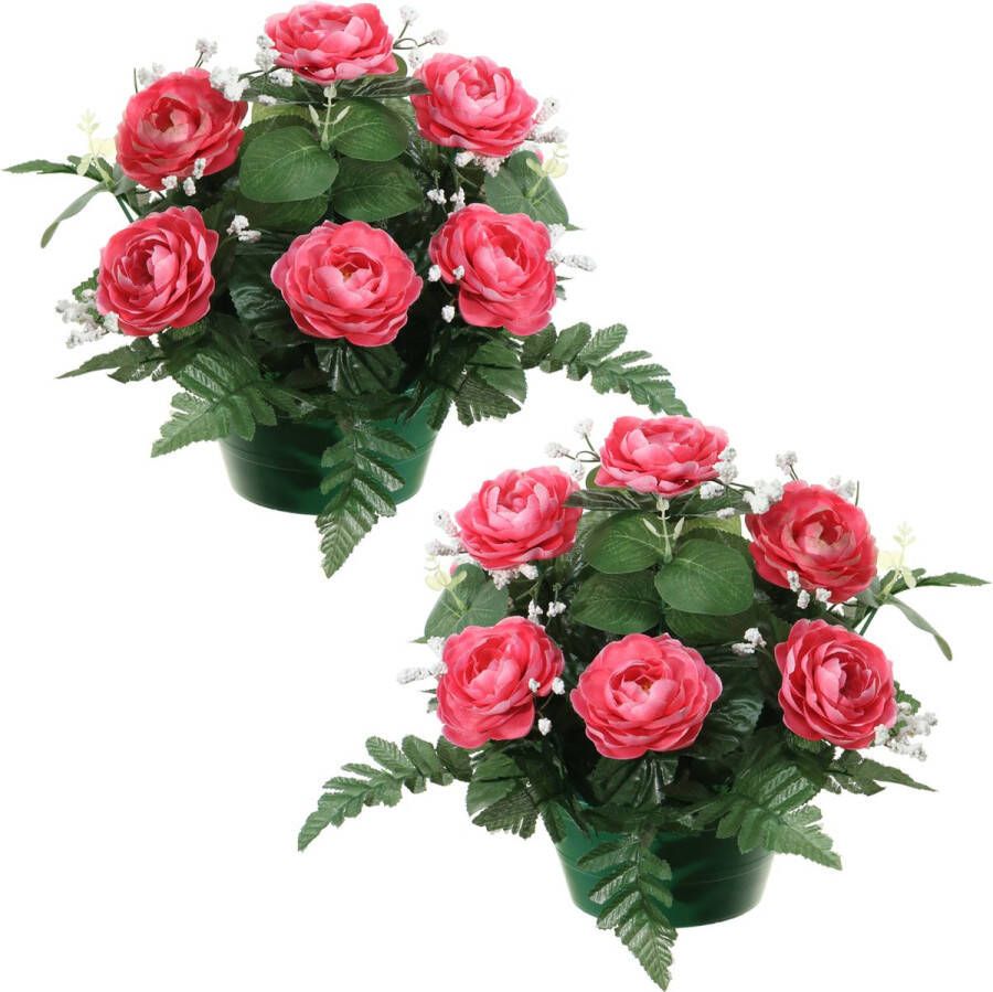 Louis Maes Kunstbloemen plantje in pot 2x roze 25 cm Bloemstuk ornament rozen met bladgroen