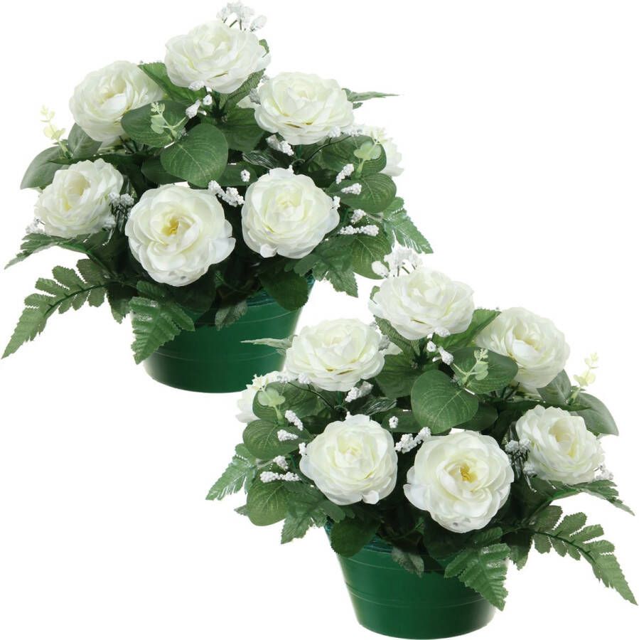 Louis Maes Kunstbloemen plantje in pot 2x wit 25 cm Bloemstuk ornament rozen met bladgroen