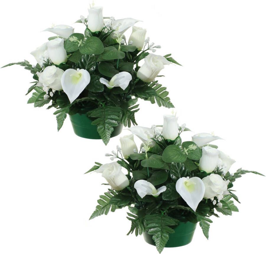 Louis Maes Kunstbloemen plantje in pot 2x wit 26 cm Bloemstuk ornament rozen met bladgroen