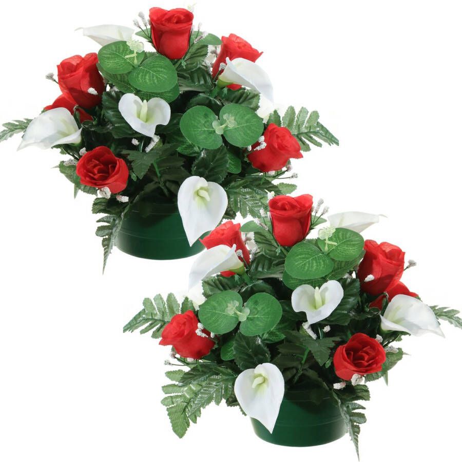 Louis Maes Kunstbloemen plantje in pot 2x wit rood 26 cm Bloemstuk ornament rozen met bladgroen