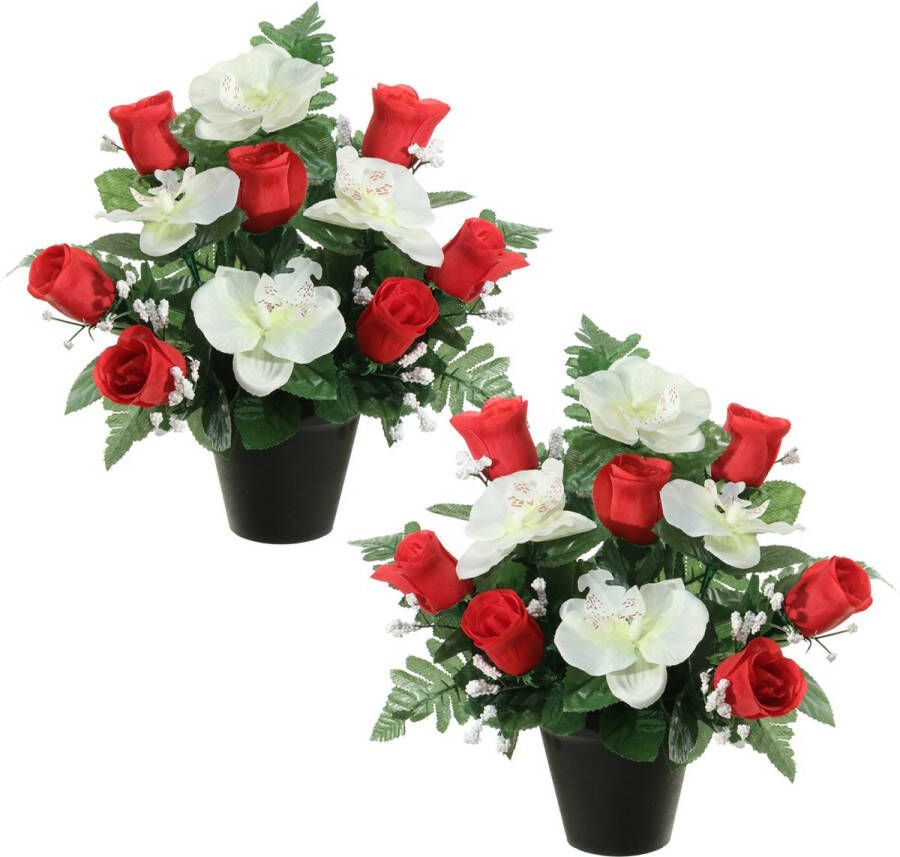 Louis Maes Kunstbloemen plantje in pot 2x wit rood 28 cm Bloemstuk ornament rood bladgroen