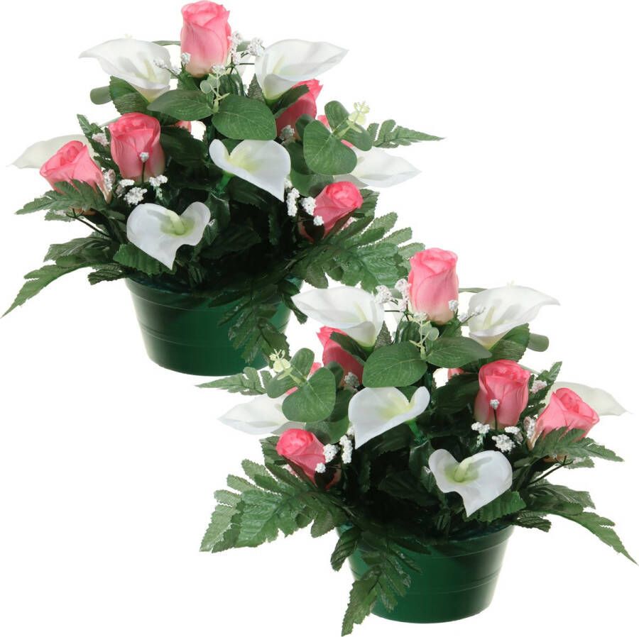 Louis Maes Kunstbloemen plantje in pot 2x wit roze 26 cm Bloemstuk ornament rozen met bladgroen