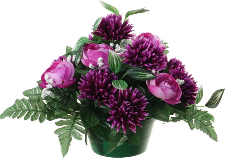 Louis Maes Kunstbloemen plantje in pot kleuren paars 25 cm Bloemstuk ornament ranonkels asters met bladgroen K