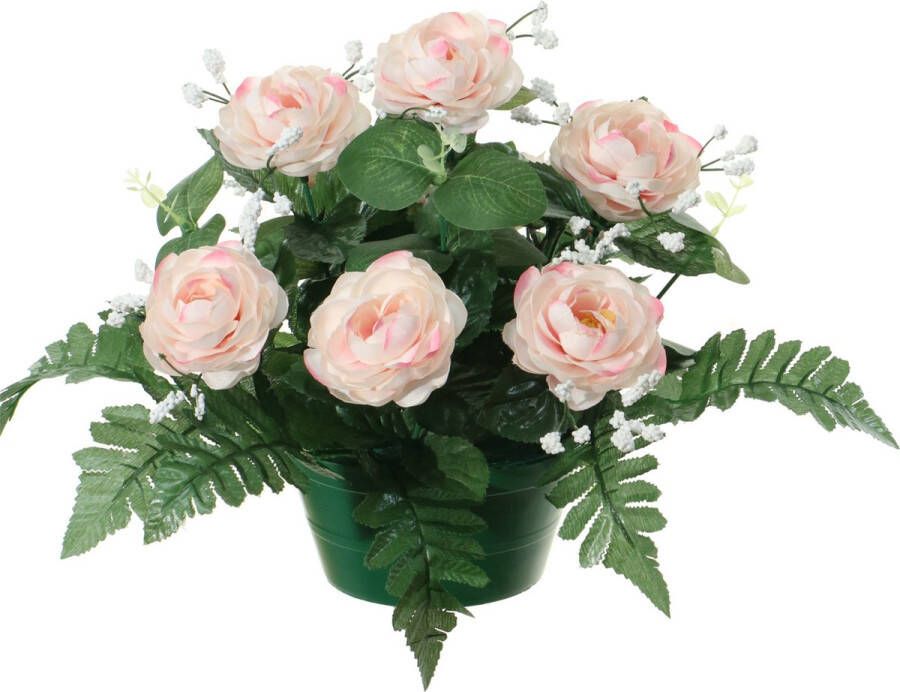 Louis Maes Kunstbloemen plantje in pot lichtroze 25 cm Bloemstuk ornament rozen met bladgroen