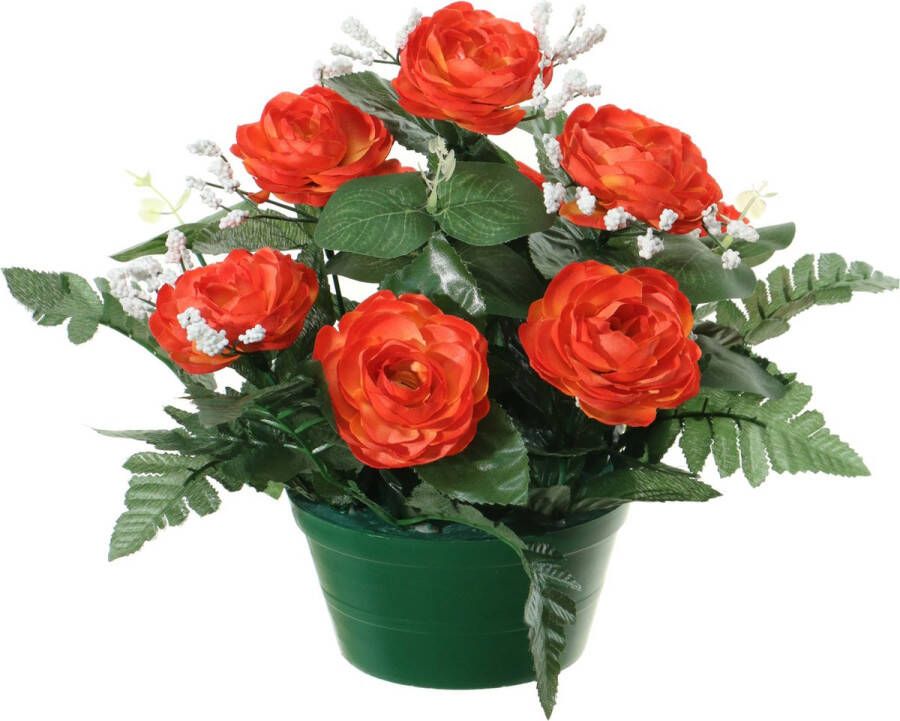 Louis Maes Kunstbloemen plantje in pot rood 25 cm Bloemstuk ornament rozen met bladgroen Kunstbloemen