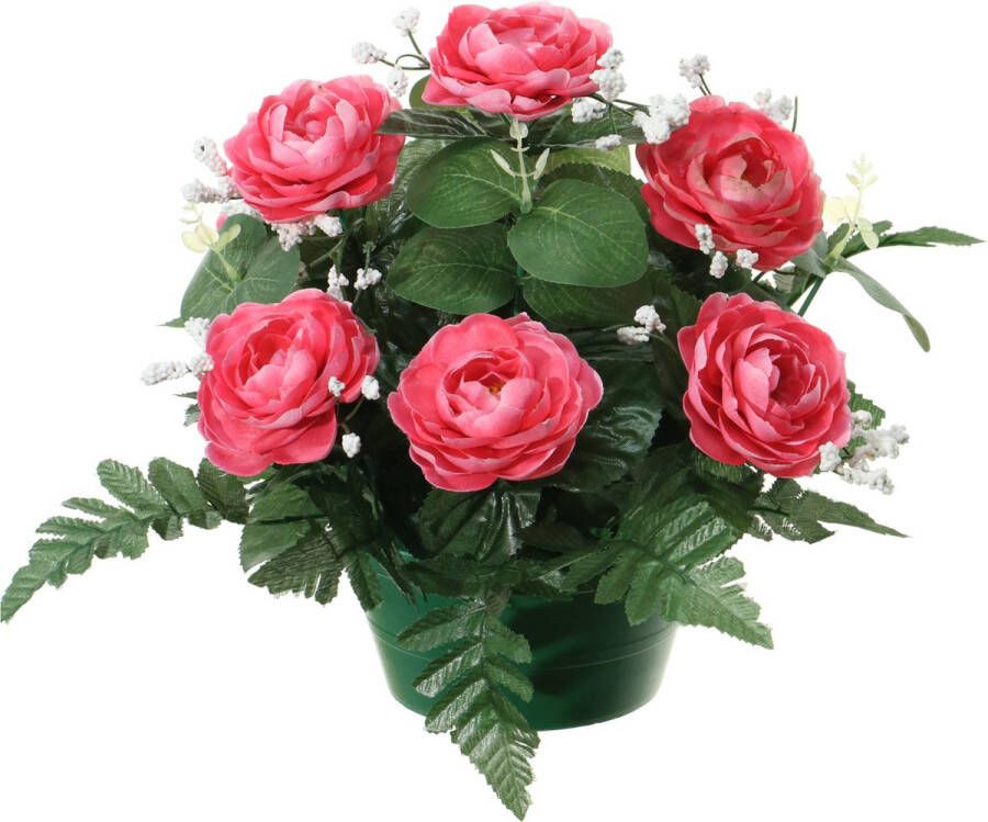 Louis Maes Kunstbloemen plantje in pot roze 25 cm Bloemstuk ornament rozen met bladgroen