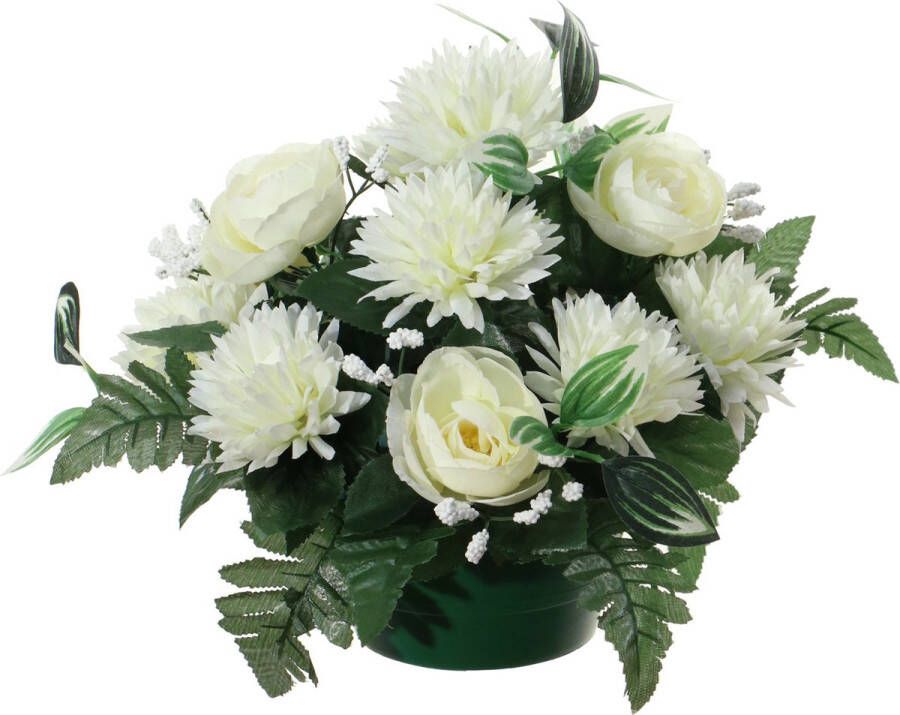 Louis Maes Kunstbloemen plantje in pot wit 25 cm Bloemstuk ornament ranonkels asters met bladgroen Kunstbloeme