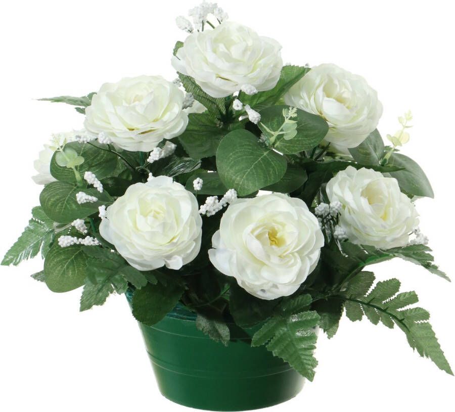 Louis Maes Kunstbloemen plantje in pot wit 25 cm Bloemstuk ornament rozen met bladgroen