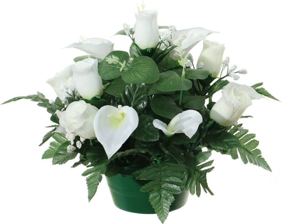 Louis Maes Kunstbloemen plantje in pot wit 26 cm Bloemstuk ornament rozen met bladgroen