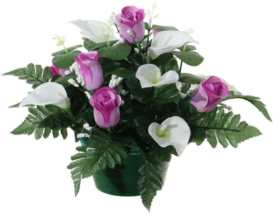Louis Maes Kunstbloemen plantje in pot wit paars 26 cm Bloemstuk ornament rozen met bladgroen