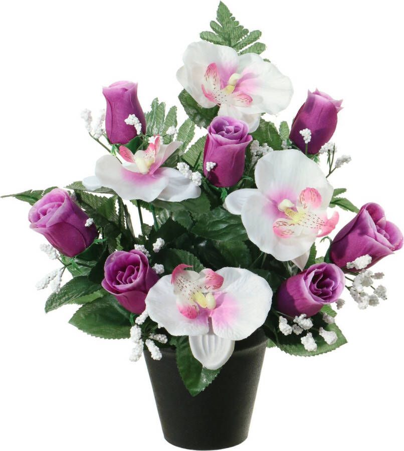 Louis Maes Kunstbloemen plantje in pot wit paars 28 cm Bloemstuk ornament paars bladgroen