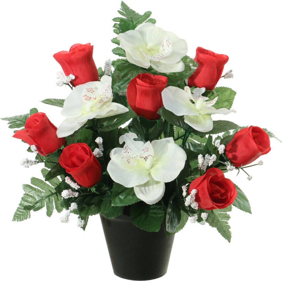 Louis Maes Kunstbloemen plantje in pot wit rood 28 cm Bloemstuk ornament rood bladgroen