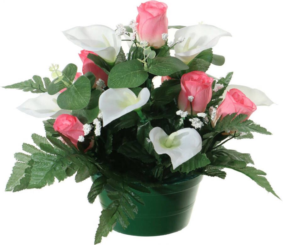 Louis Maes Kunstbloemen plantje in pot wit roze 26 cm Bloemstuk ornament rozen met bladgroen Kunstbloemen