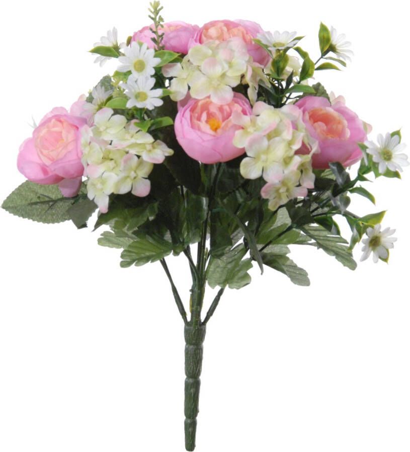 Louis Maes Roze hortensia ranonkel mix boeket kunstbloemen 35 cm Rozetinten Hydrangea Ranunculus Woondecoratie