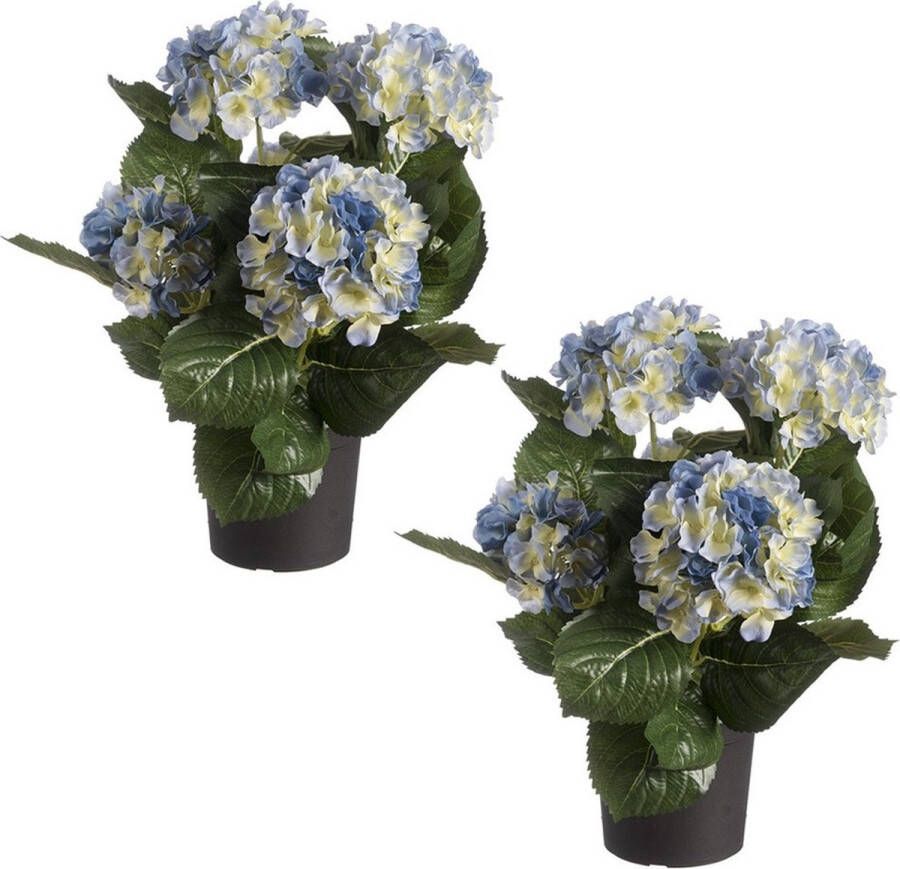 Merkloos Sans marque Set van 2x stuks blauwe hortensia kunstplanten in zwarte kunststof pot 44 cm Hydrangea Woondecoratie