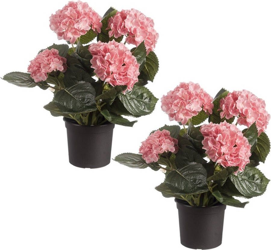 Merkloos Sans marque Set van 2x stuks roze hortensia kunstplanten in zwarte kunststof pot 44 cm Hydrangea Woondecoratie