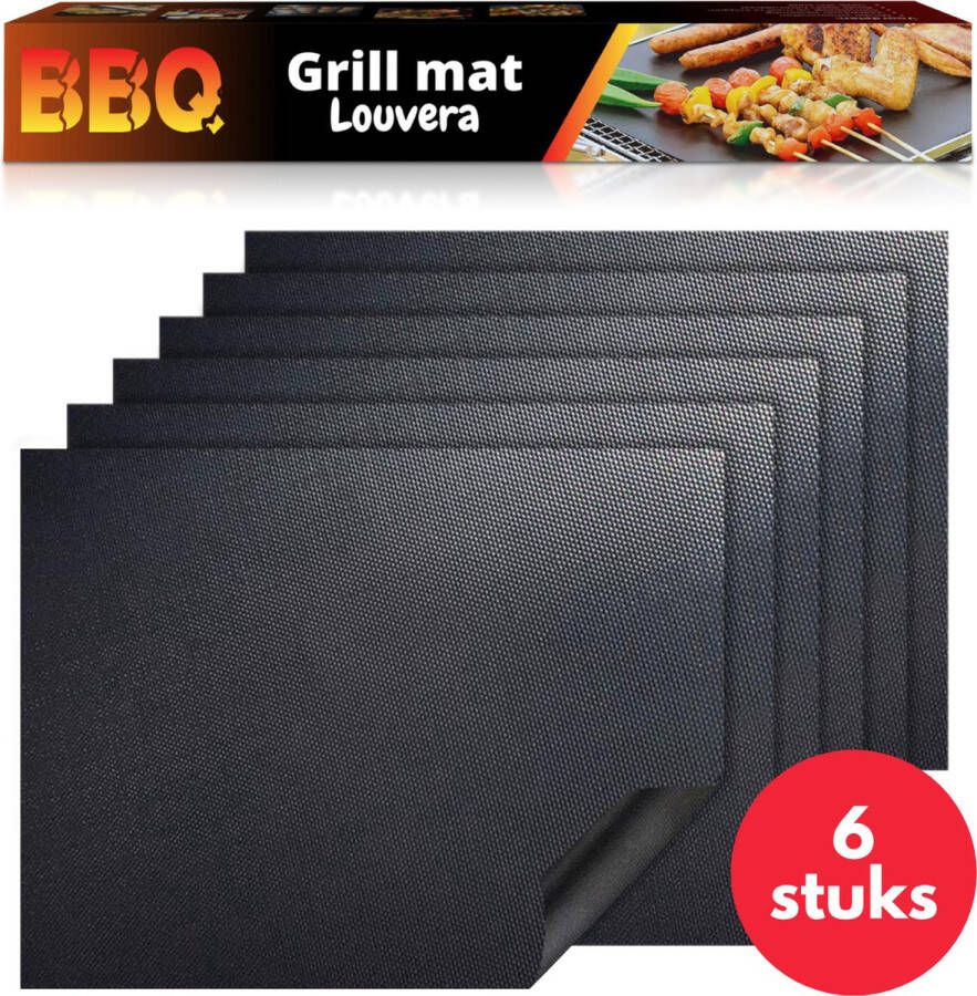 Louvera Barbecue Mat Grill Mat BBQ Mat Herbruikbaar en niet-klevend 6 stuks Vaatwasser bestendig 40 x 50 cm Zwart